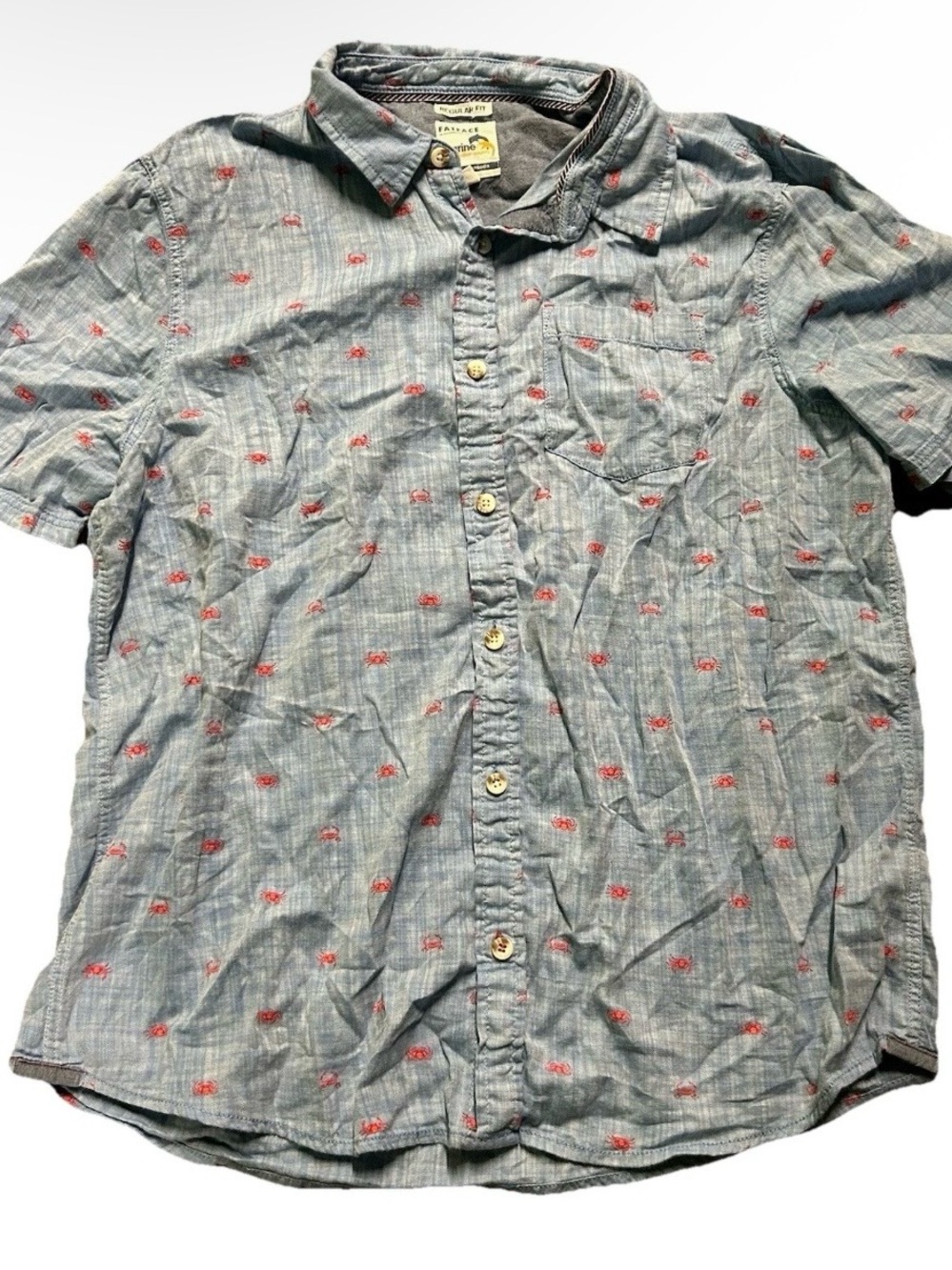 Men’s Fat Face Blue Short Sleeve Button Down Shirt Crabs Size XL